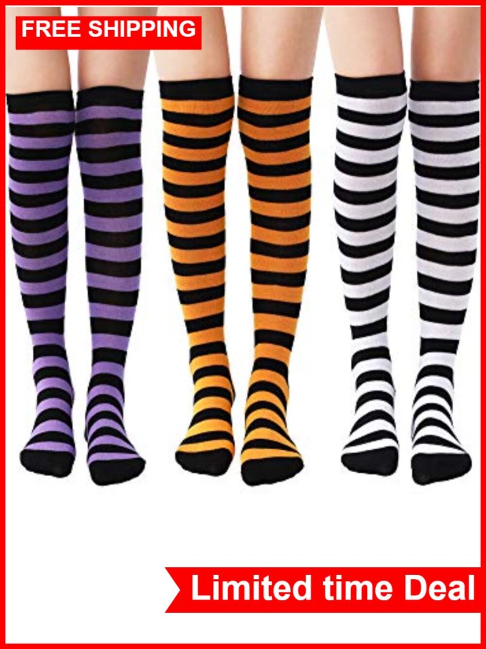 Halloween Striped Knee High Socks for Women 3 Pack Witch Socks